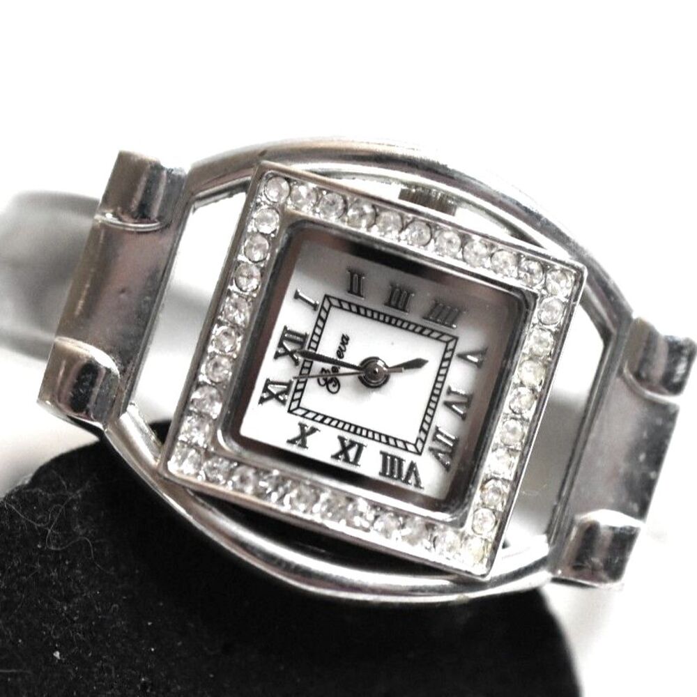 Geneva White Face Rhinestone Accent Silver Tone 6" Cuff New Battery Watch